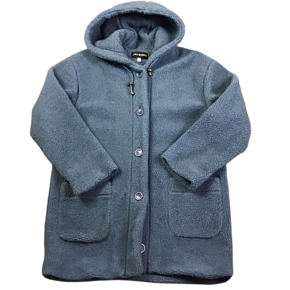 Sandro Fuzzy Sherpa Soft Button Front Hooded Teddy Jacket Size M in Blue